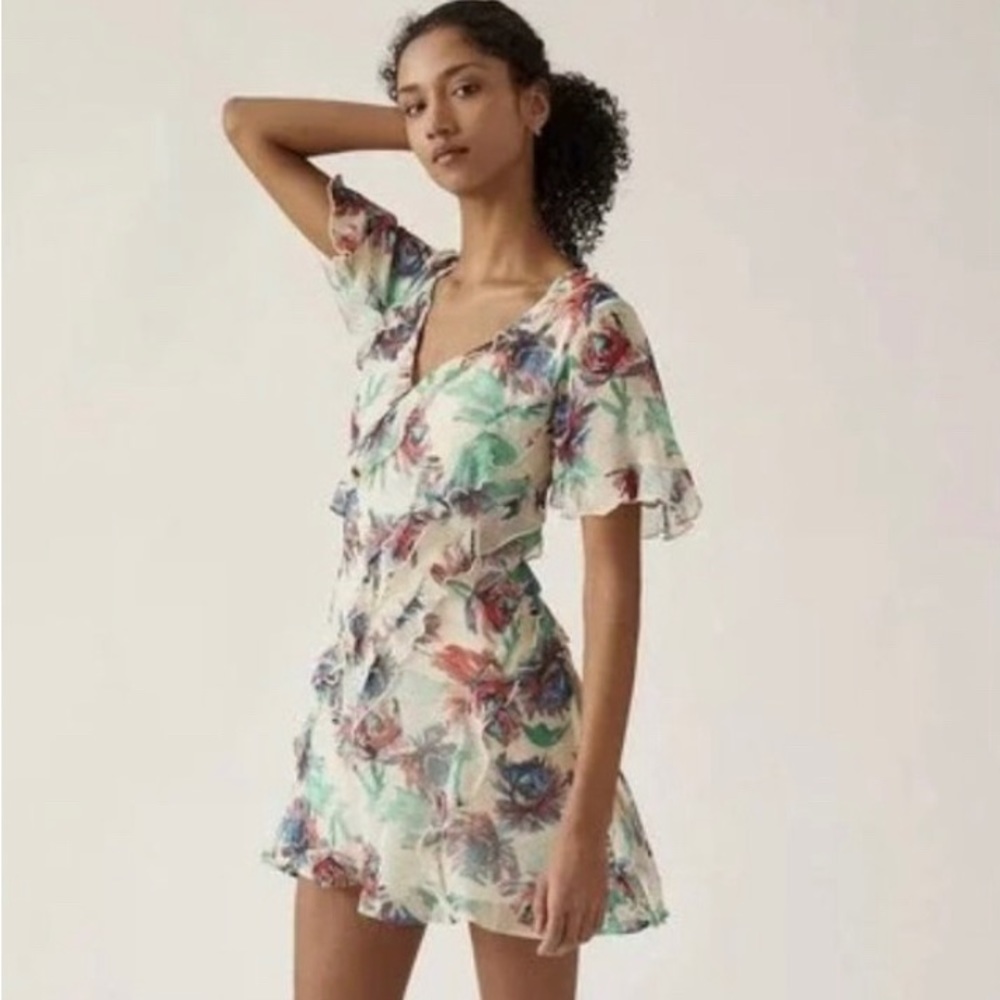 NWT Anthropologie Soft Printed Mini Dress Flutter Sleeves Watercolor, M